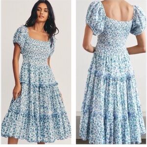 LoveShackFancy Masie Shirred Blue Floral Midi Dress size Large prairie